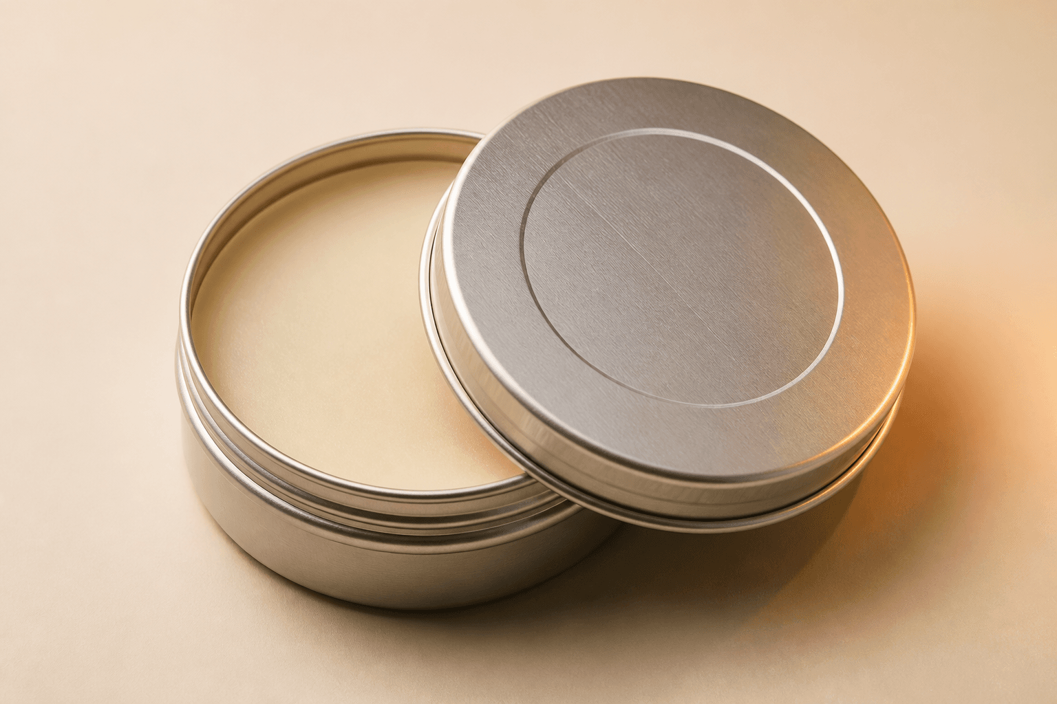Unlabeled brushed metal balm tin on a warm bone background