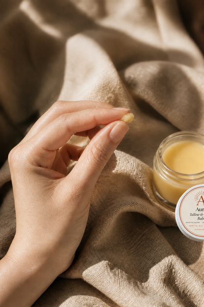 A hand warming balm between fingertips beside an open glass jar and its white Aura-labelled lid