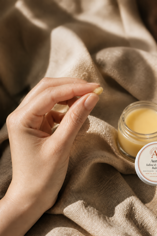 A hand warming balm between fingertips beside an open glass jar and its white Aura-labelled lid