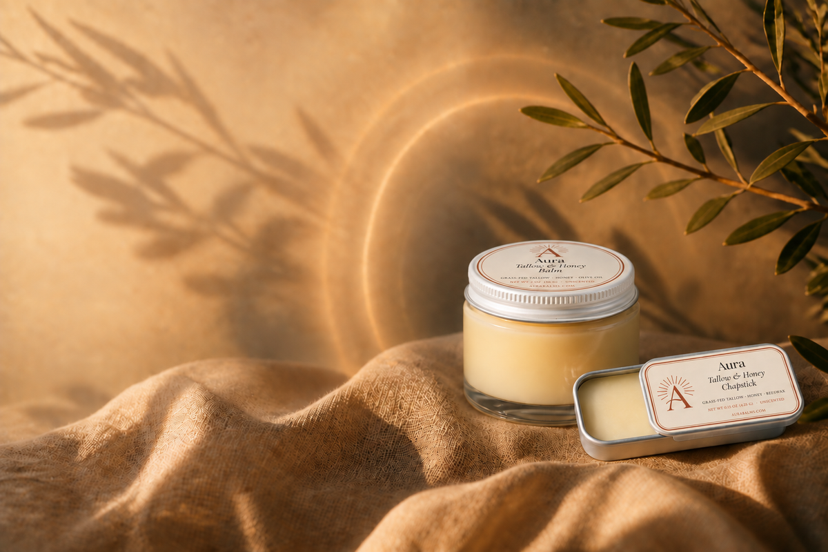 Aura Balms tallow and honey balm jar and chapstick tin on golden linen