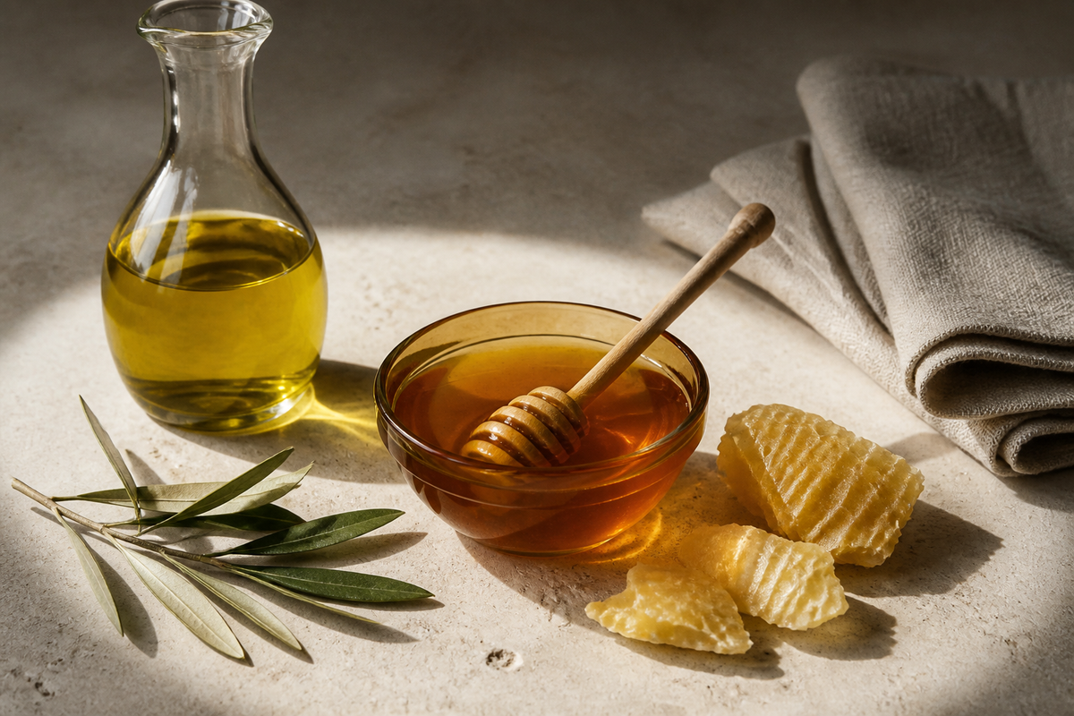 Honey, beeswax, olive oil, linen, and olive leaves on stone